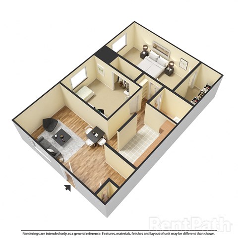 Floor plan for 2 beds, 1 bath, 750 sqft