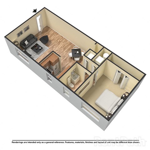 Floor plan for 1 bed, 1 bath, 560 sqft