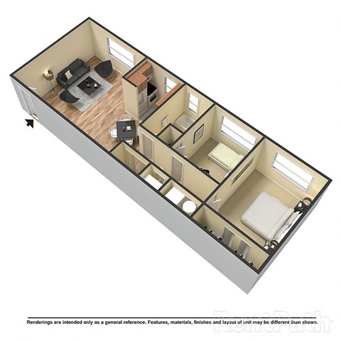 Floor plan for 2 beds, 1 bath, 679 sqft