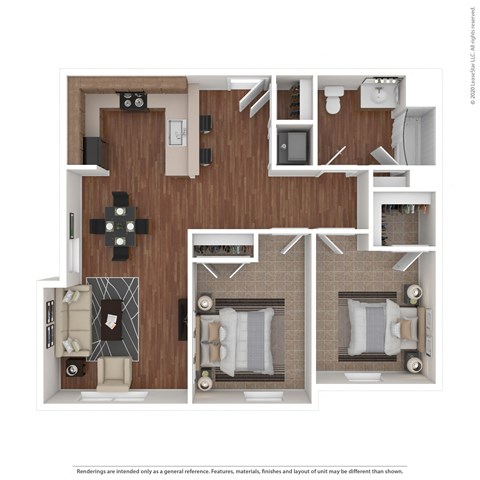 Floor plan for 2 beds, 1 bath, 849 sqft