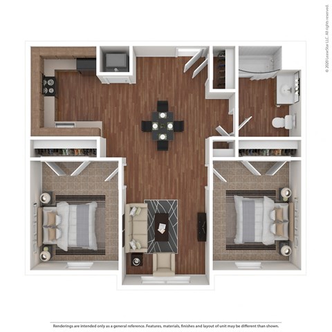 Floor plan for 2 beds, 1 bath, 849 sqft