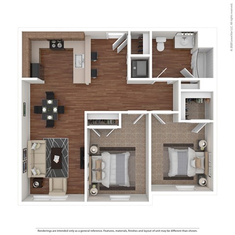 Floor plan for 2 beds, 1 bath, 849 sqft