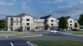 Prince Frederick apartment for rent - A rendering of a modern apartment complex with cars parked in the driveway.