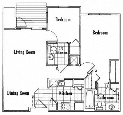 Floor plan for 2 beds, 1.5 baths, 852 sqft