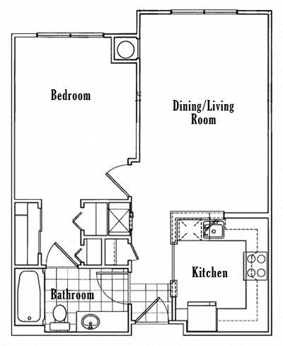 Floor plan for 1 bed, 1 bath, 764 sqft