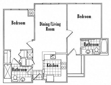 Floor plan for 2 beds, 2 baths, 908 sqft