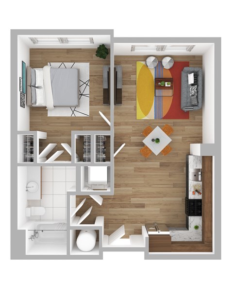 Floor plan for 1 bed, 1 bath, 725 sqft