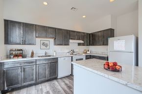 Baltimore apartment for rent - A kitchen with a white fridge and a marble counter top.