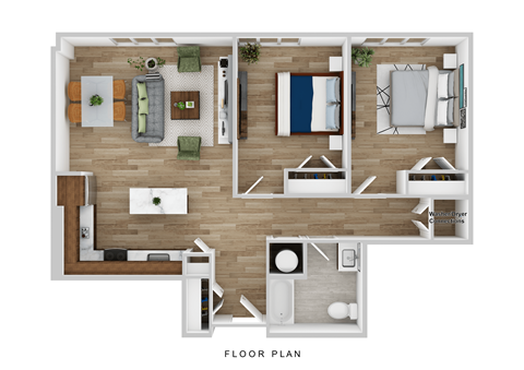 Floor plan for 2 beds, 1 bath, 952 sqft