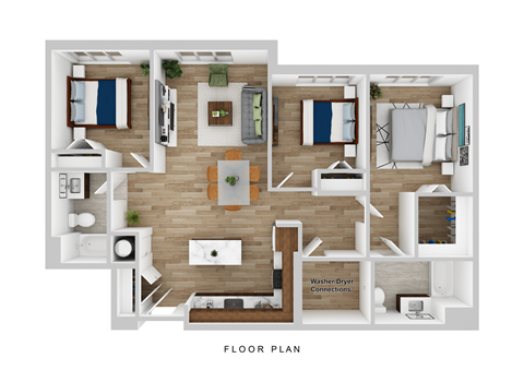 Floor plan for 3 beds, 2 baths, 1235 sqft