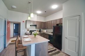 Baltimore apartment for rent - a kitchen with a large island and a black refrigerator