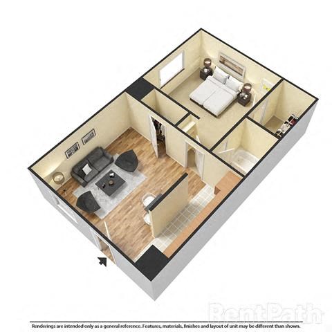 Floor plan for 1 bed, 1 bath, 600 sqft