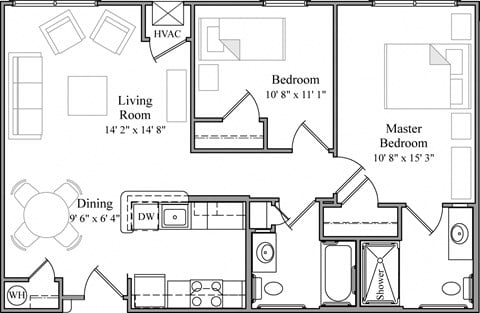 Floor plan for 2 beds, 2 baths, 883 sqft