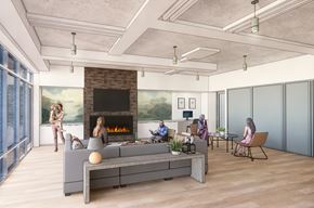 Rockville apartment for rent - A group of people are sitting around a fireplace in a modern living room.