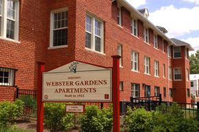 Washington apartment for rent - Exterior of building with sign that says Webster Garden Apartments