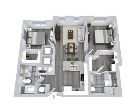 Floor plan for 2 beds, 2 baths, 884 sqft
