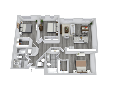 Floor plan for 3 beds, 2 baths, 1259 sqft