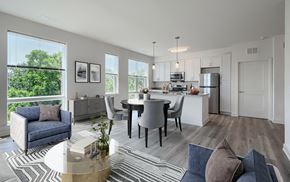 Silver Spring apartment for rent - A modern kitchen and dining area with a view of trees outside the window.