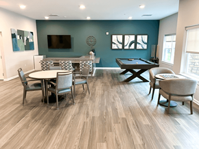 Frederick apartment for rent - a clubhouse with a pool table and chairs and a tv