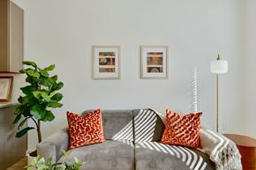 Baltimore apartment for rent - Now leasing senior 1-bedrooms in Baltimore, MD. A grey couch with two orange pillows and a grey and white striped blanket.
