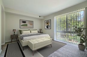 Silver Spring apartment for rent - A bedroom with a large bed and a potted plant.