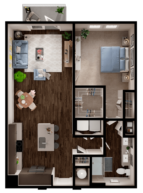 Floor plan for 1 bed, 1 bath, 852 sqft
