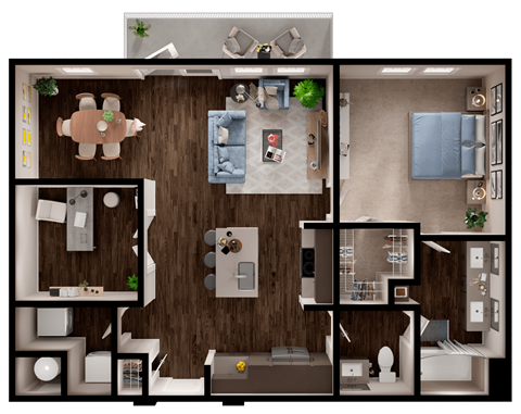 Floor plan for 1 bed, 1 bath, 988 sqft