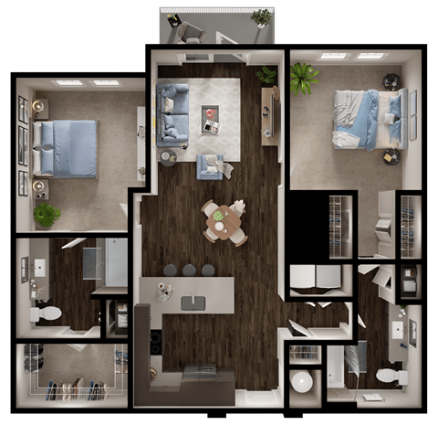 Floor plan for 2 beds, 2 baths, 1138 sqft