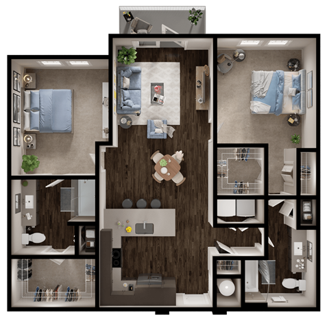 Floor plan for 2 beds, 2 baths, 1157 sqft