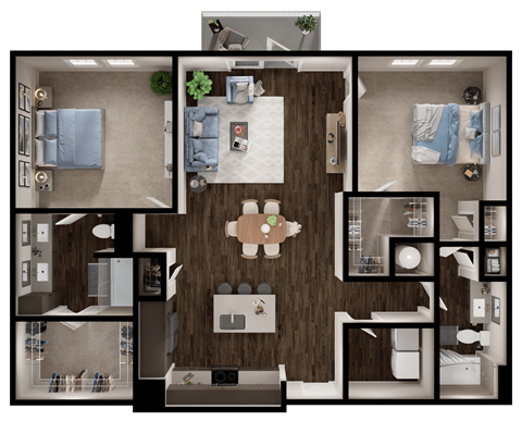 Floor plan for 2 beds, 2 baths, 1284 sqft