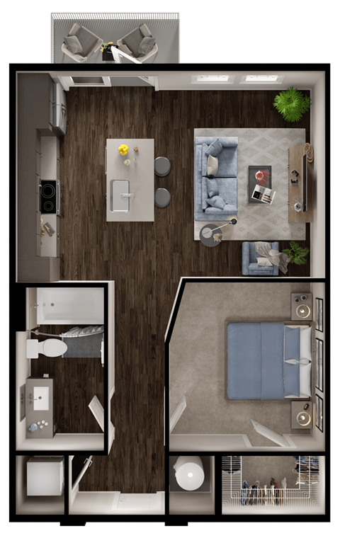 Floor plan for 1 bed, 1 bath, 630 sqft