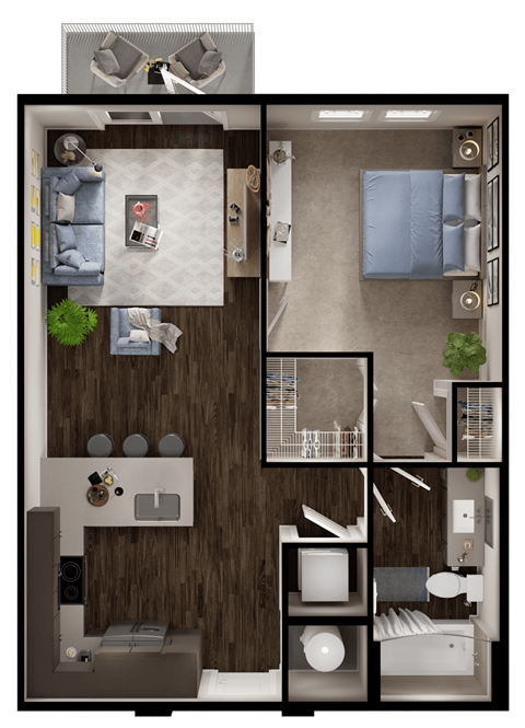 Floor plan for 1 bed, 1 bath, 663 sqft