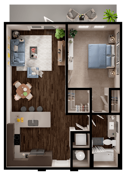 Floor plan for 1 bed, 1 bath, 745 sqft