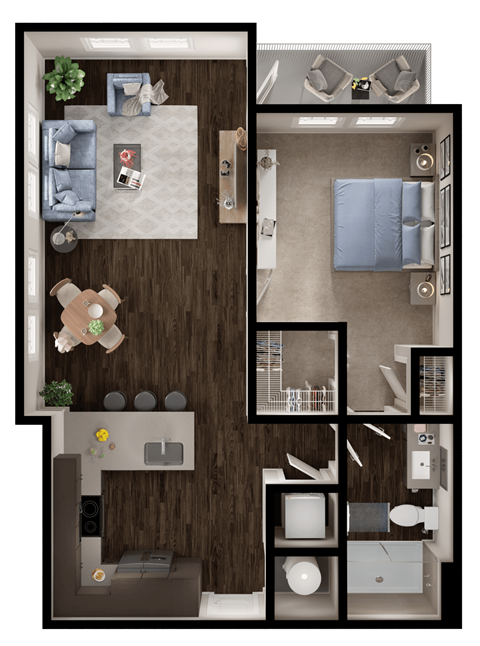 Floor plan for 1 bed, 1 bath, 750 sqft