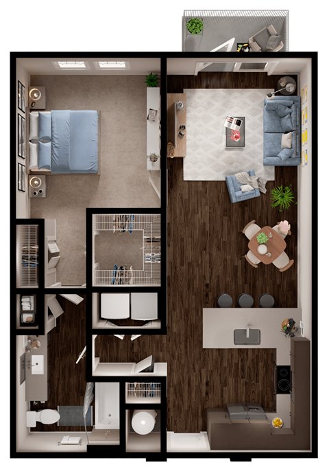 Floor plan for 1 bed, 1 bath, 796 sqft