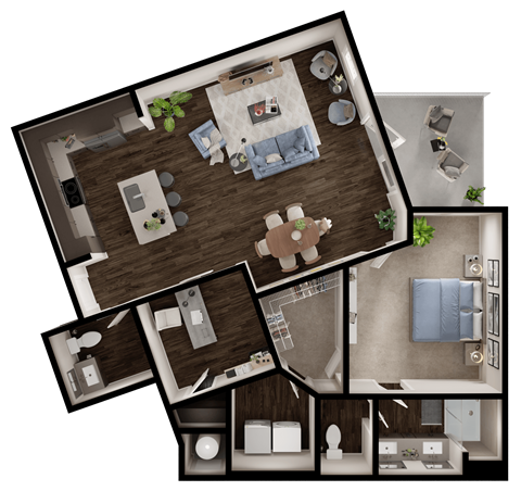 Floor plan for 1 bed, 1 bath, 1061 sqft