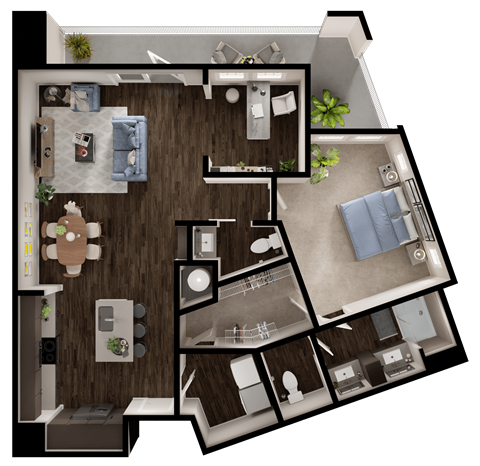 Floor plan for 1 bed, 1 bath, 1063 sqft
