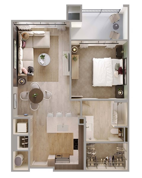 Floor plan for 1 bed, 1 bath, 747 sqft