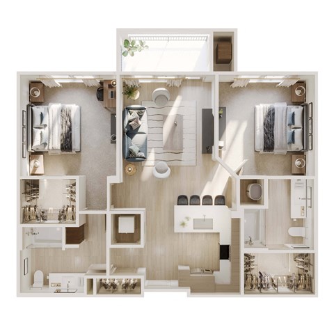 Floor plan for 2 beds, 2 baths, 1042 sqft
