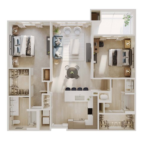 Floor plan for 2 beds, 2 baths, 1142 sqft