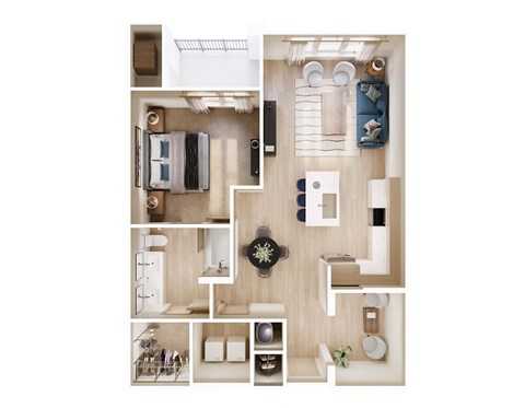 Floor plan for 1 bed, 1 bath, 917 sqft