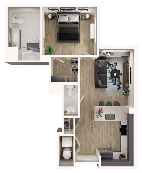Floor plan for 1 bed, 1.5 baths, 695 sqft