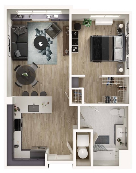 Floor plan for 1 bed, 1 bath, 727 sqft