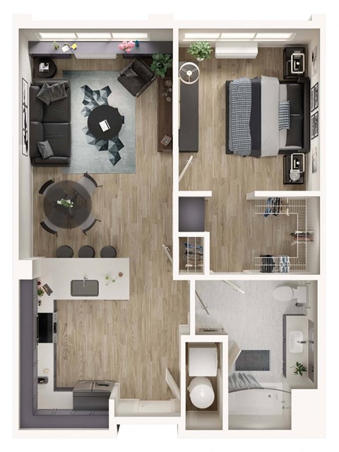 Floor plan for 1 bed, 1 bath, 763 sqft