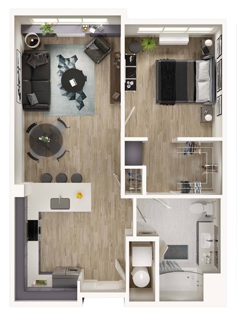 Floor plan for 1 bed, 1 bath, 775 sqft