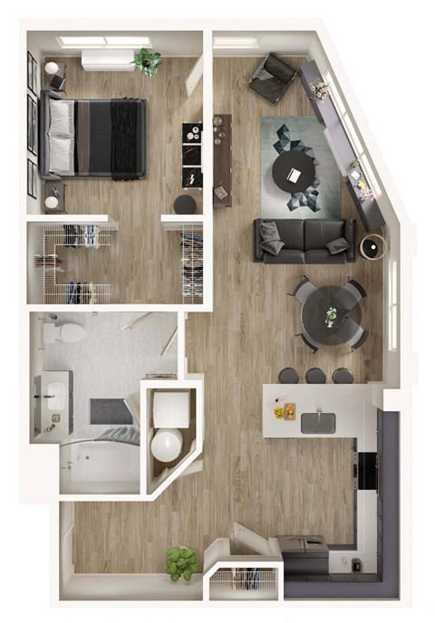 Floor plan for 1 bed, 1 bath, 822 sqft