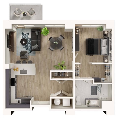 Floor plan for 1 bed, 1 bath, 827 sqft