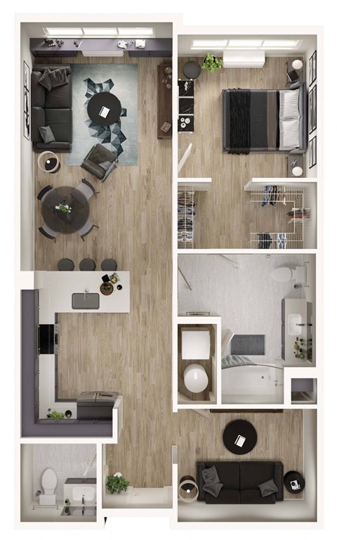 Floor plan for 1 bed, 1.5 baths, 944 sqft