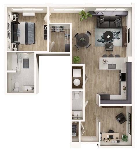 Floor plan for 1 bed, 1.5 baths, 998 sqft