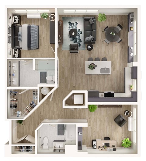 Floor plan for 1 bed, 2 baths, 1158 sqft